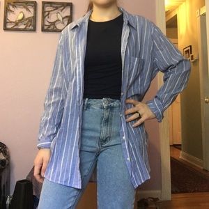 Blue and white striped button up shirt